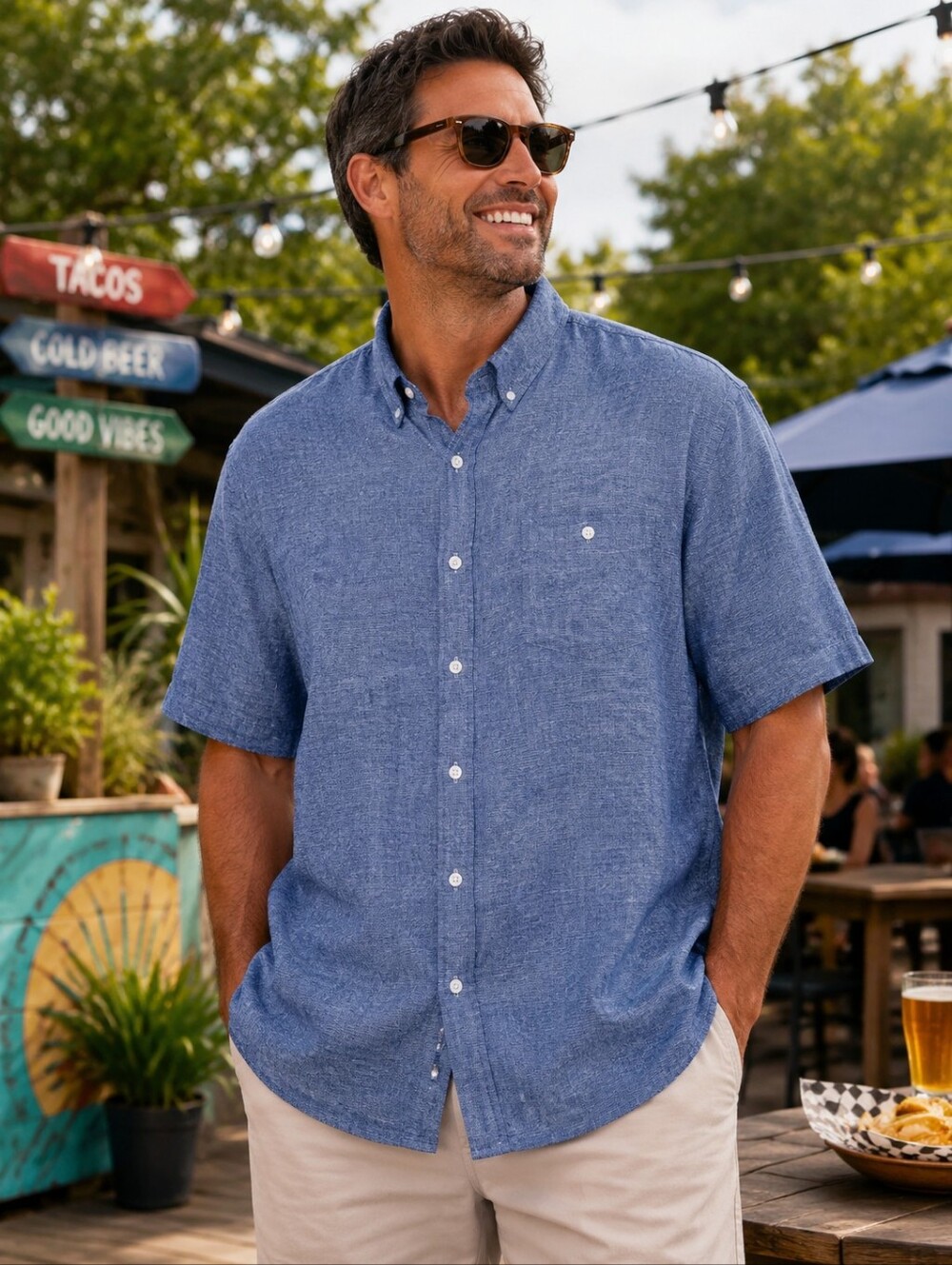 Weatherproof  Mens Blue Washable Linen Cotton Button-front Shirt Size XXL Beach
